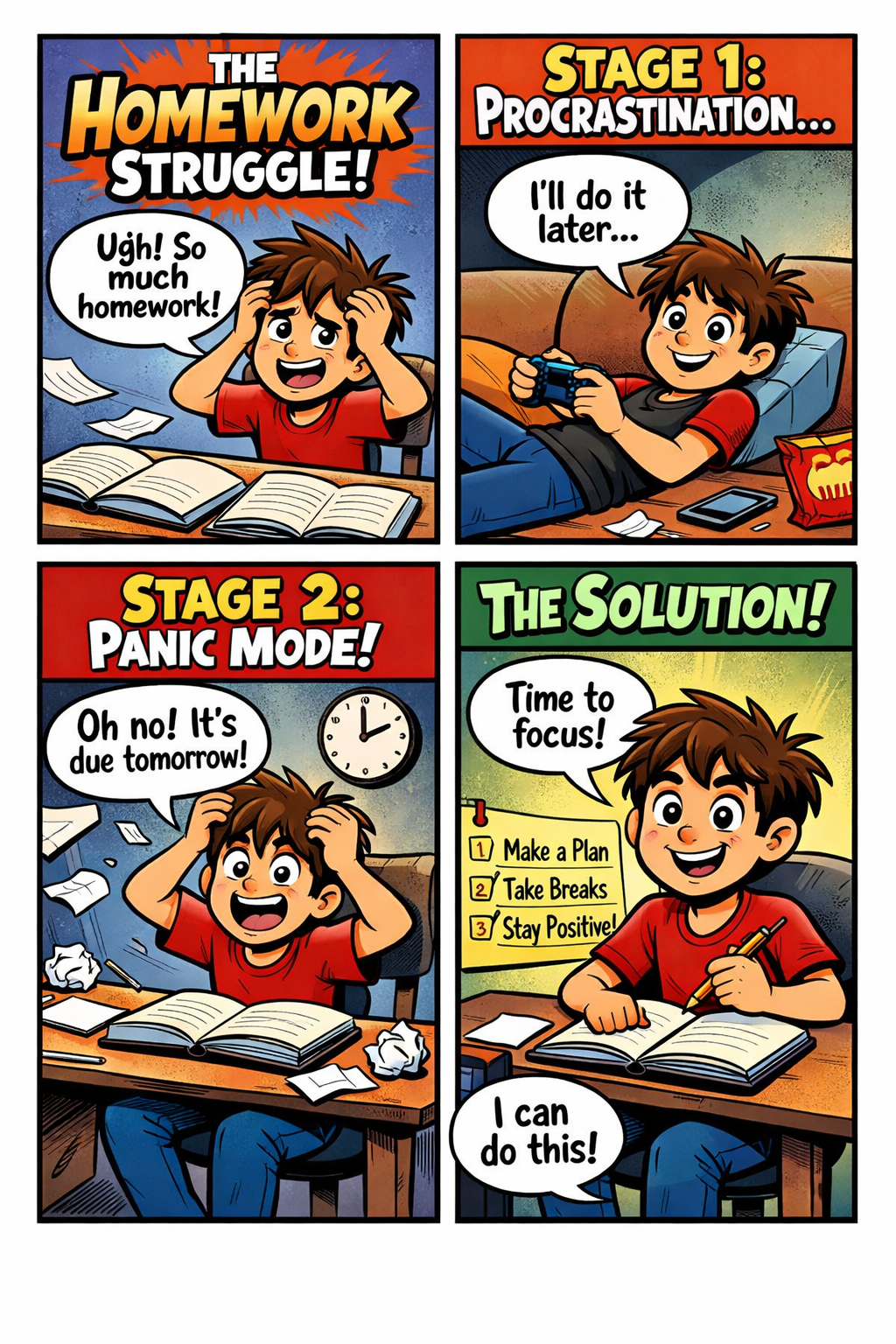 A colorful four-panel comic titled “The Homework Struggle!” shows a boy dealing with homework. In the first panel, he sits at a desk with open books, holding his head and saying, “Ugh! So much homework!” In the second panel, labeled “Stage 1: Procrastination,” he relaxes on a couch playing a video game and says, “I’ll do it later...” In the third panel, labeled “Stage 2: Panic Mode,” he sits at his desk again, stressed and surrounded by crumpled papers, saying, “Oh no! It’s due tomorrow!” A clock is visible behind him. In the final panel, labeled “The Solution!”, he is calmly working at his desk with a checklist that reads “Make a Plan, Take Breaks, Stay Positive,” and says, “Time to focus! I can do this!